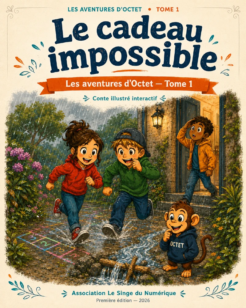 Couverture du livre Le cadeau impossible : Maya, Nino, Sam et Octet réunis dans une ruelle sous la pluie.